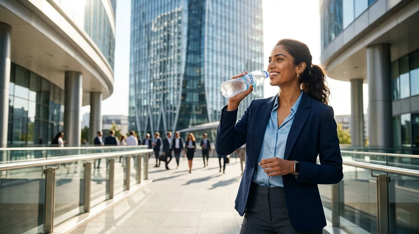 Professional drinking Ping water outside an office tower
